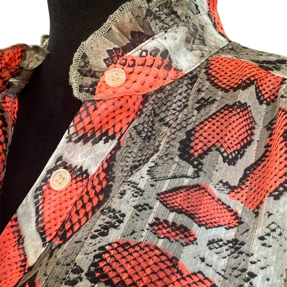 O c Small Orange Snakeskin Shimmery Sheer Long Sleeve Button Blouse - Picture 3 of 8